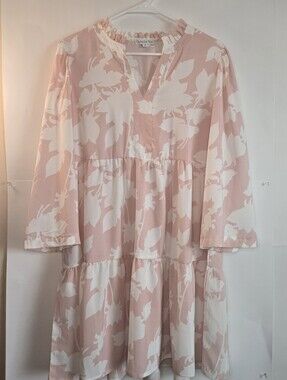 Ophelia Roe M Women's short tiered baby doll inspired dress soft pink and white